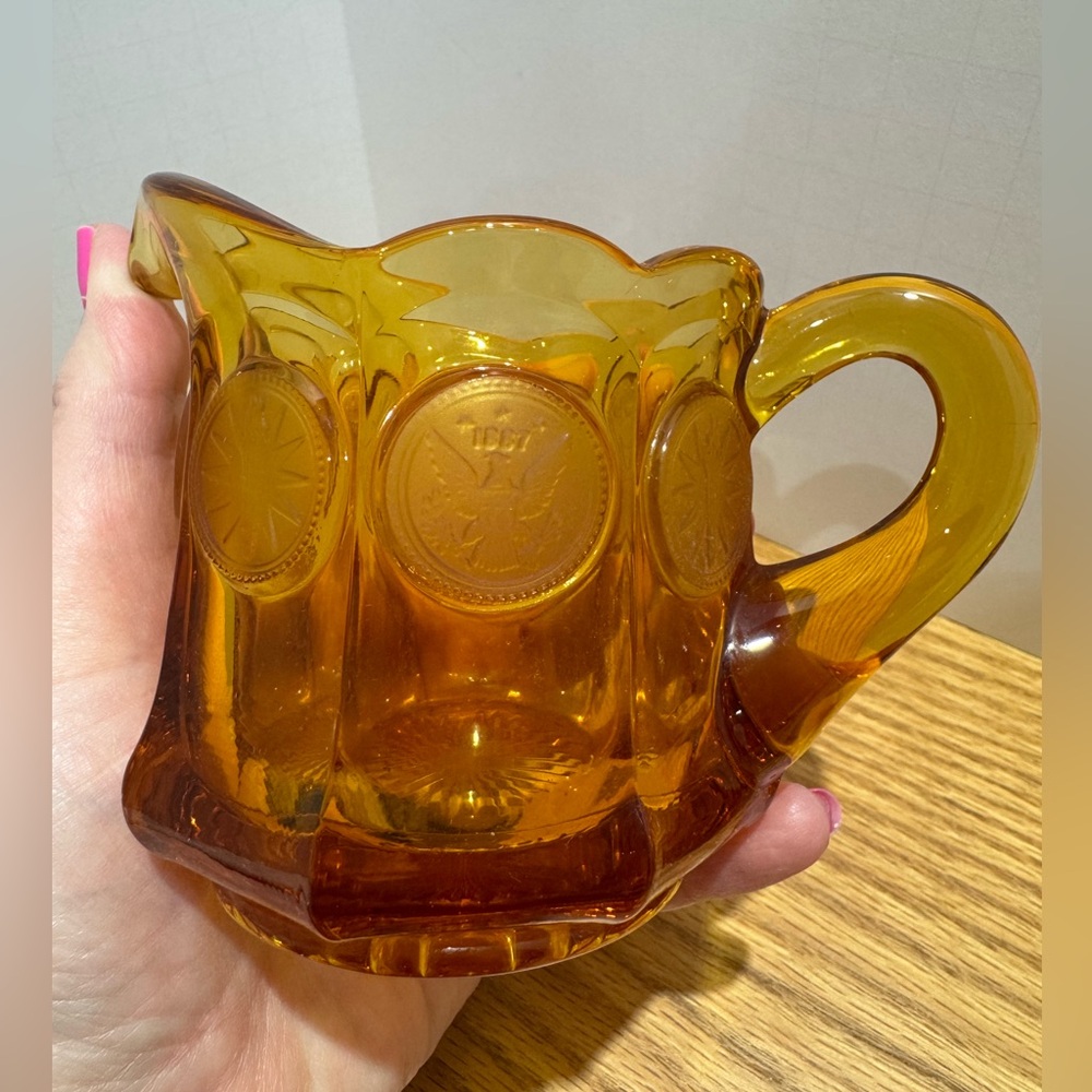 Fostoria Coin MCM federal Amber Glass Creamer and Sugar Set - Picture 3 of 8